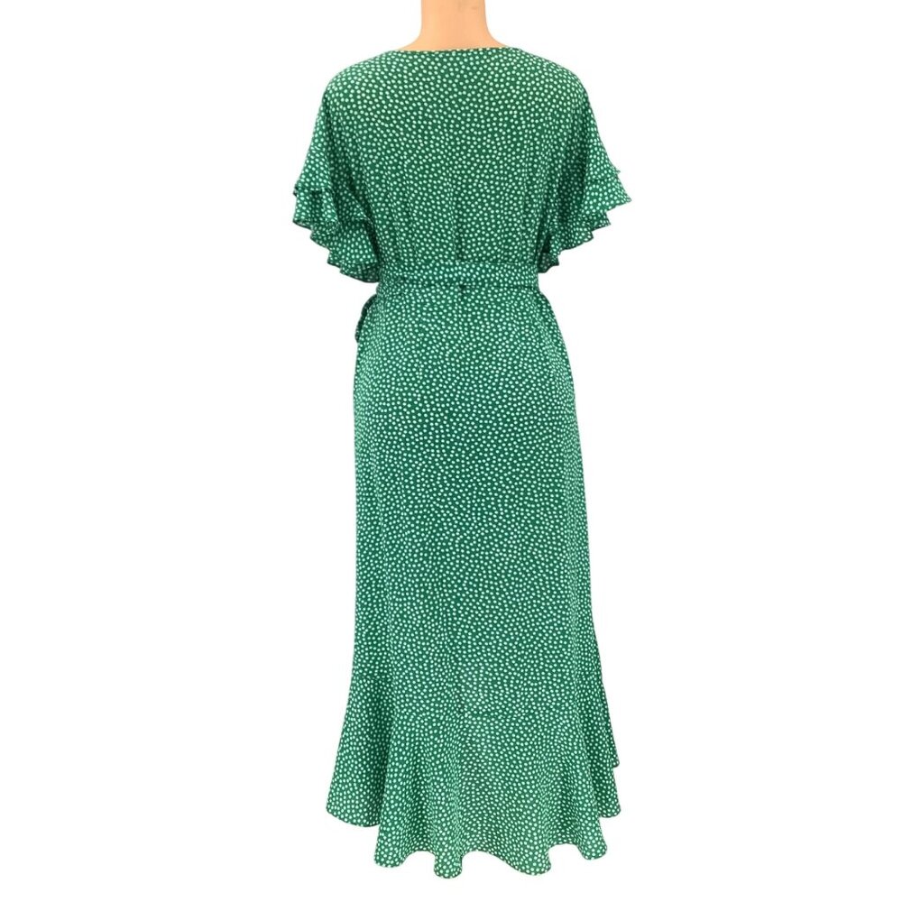 Max Studio Midi Wrap Dress Large With Ruffle Sleeves & Tie Waist Green Polka Dot - Picture 4 of 7